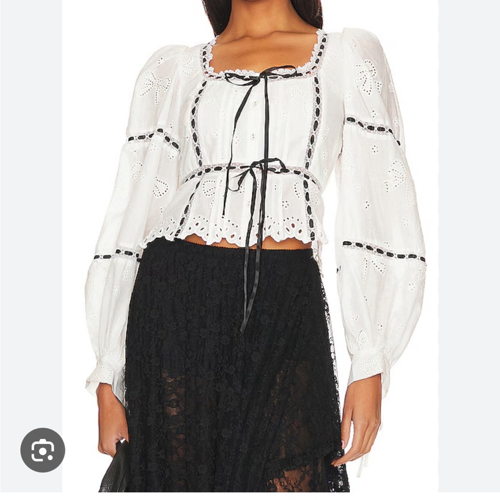 For Love And Lemons White and Black Long Sleeve Tie Front Blouse